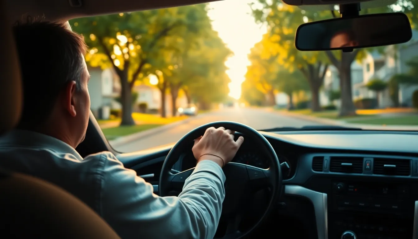 A driver glancing back over the shoulder before pulling out of a quiet street